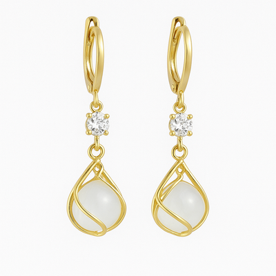 Vintage White Opal Dangling Gold Earrings